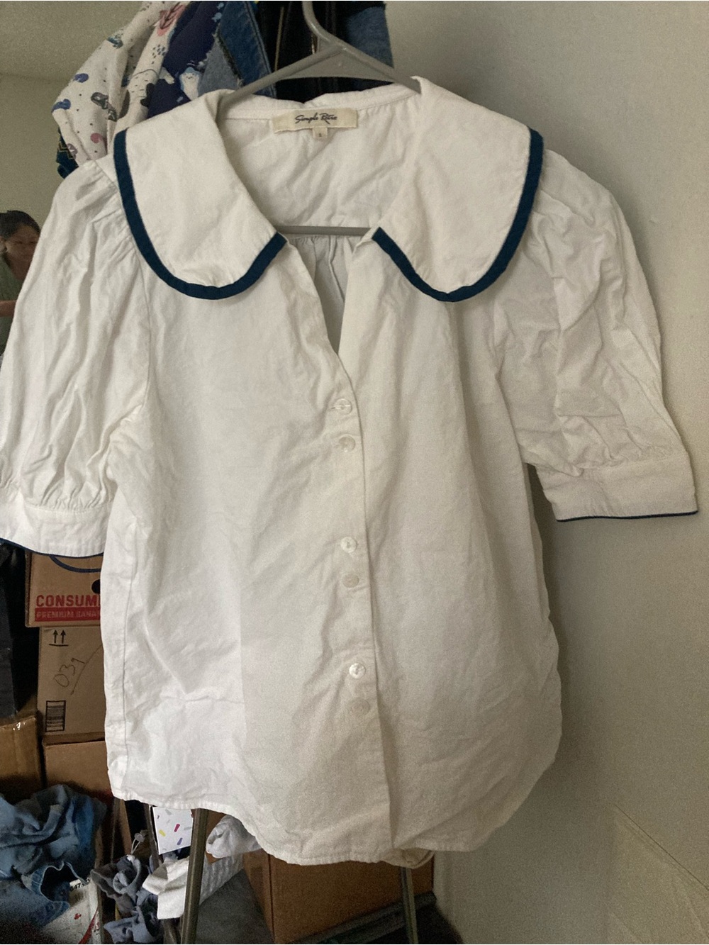 Cotton White Poplin Blouse with Navy Trim Collar by Simple Rose